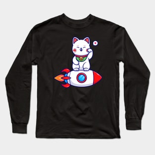 Cute Cat Maneki Neko On Rocket Cartoon Long Sleeve T-Shirt